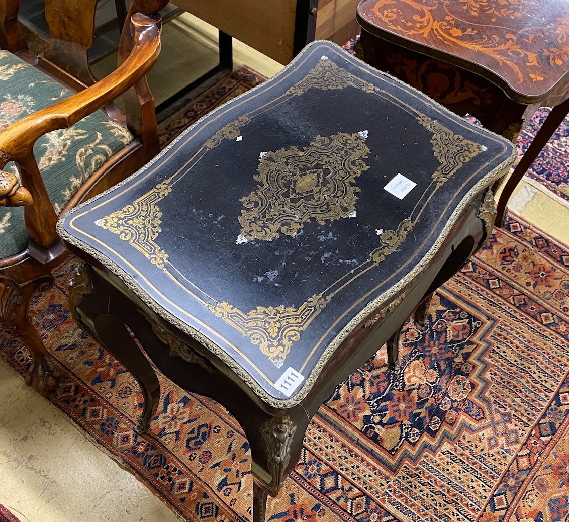 A late 19th century Louis Philippe cut brass inlaid ebonised work table, marked Tahan, Paris, width 59cm, depth 42cm, height 73cm